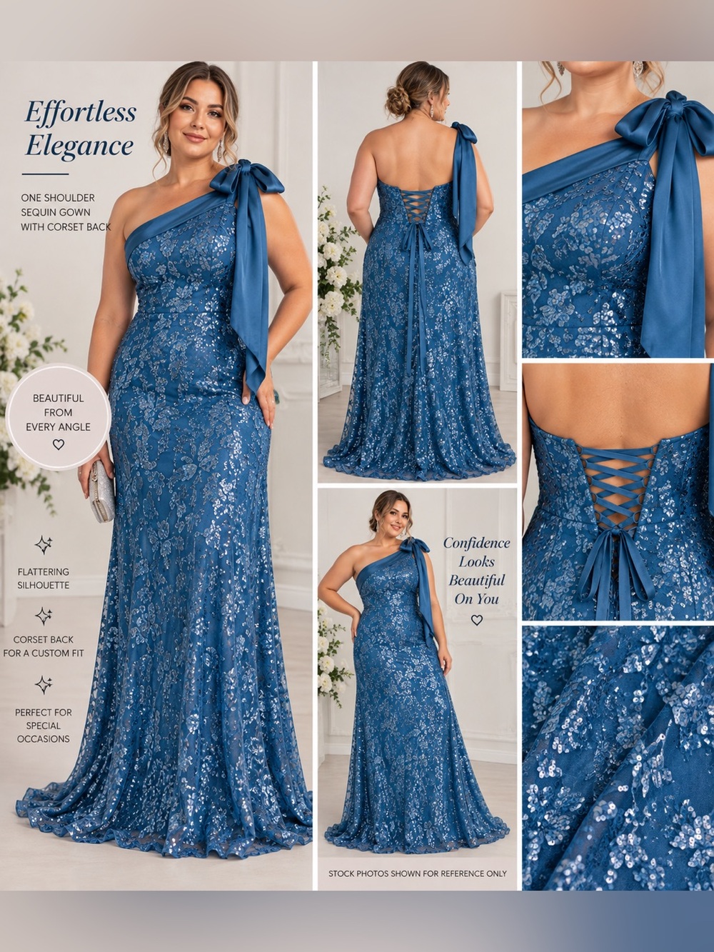 Plus Size Blue Sequin One Shoulder Corset Formal Maxi Gown Size 18